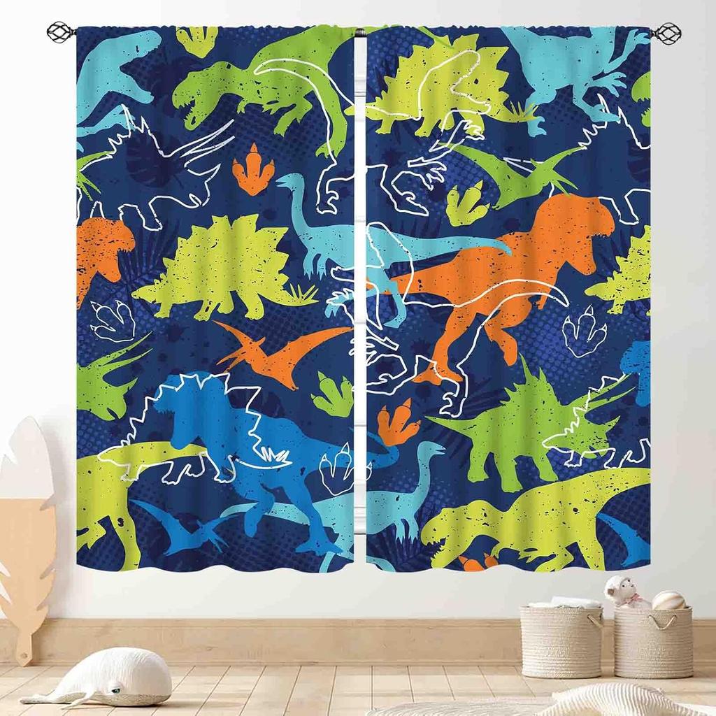 Kids Dinosaur Curtains For Boys Room, Cartoon Dino Funny Cute Dinosaur Safari Animals Colorful Window Treatments Drapery For