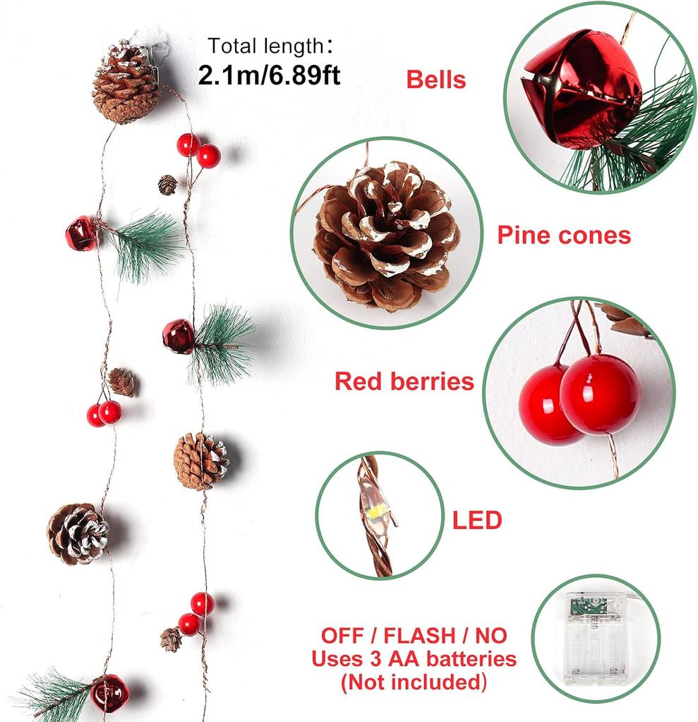 Christmas Garland with Lights,Pinecones String Lights with Red Berries Bells Needles,20 LED Battery Operated Prelit Garland