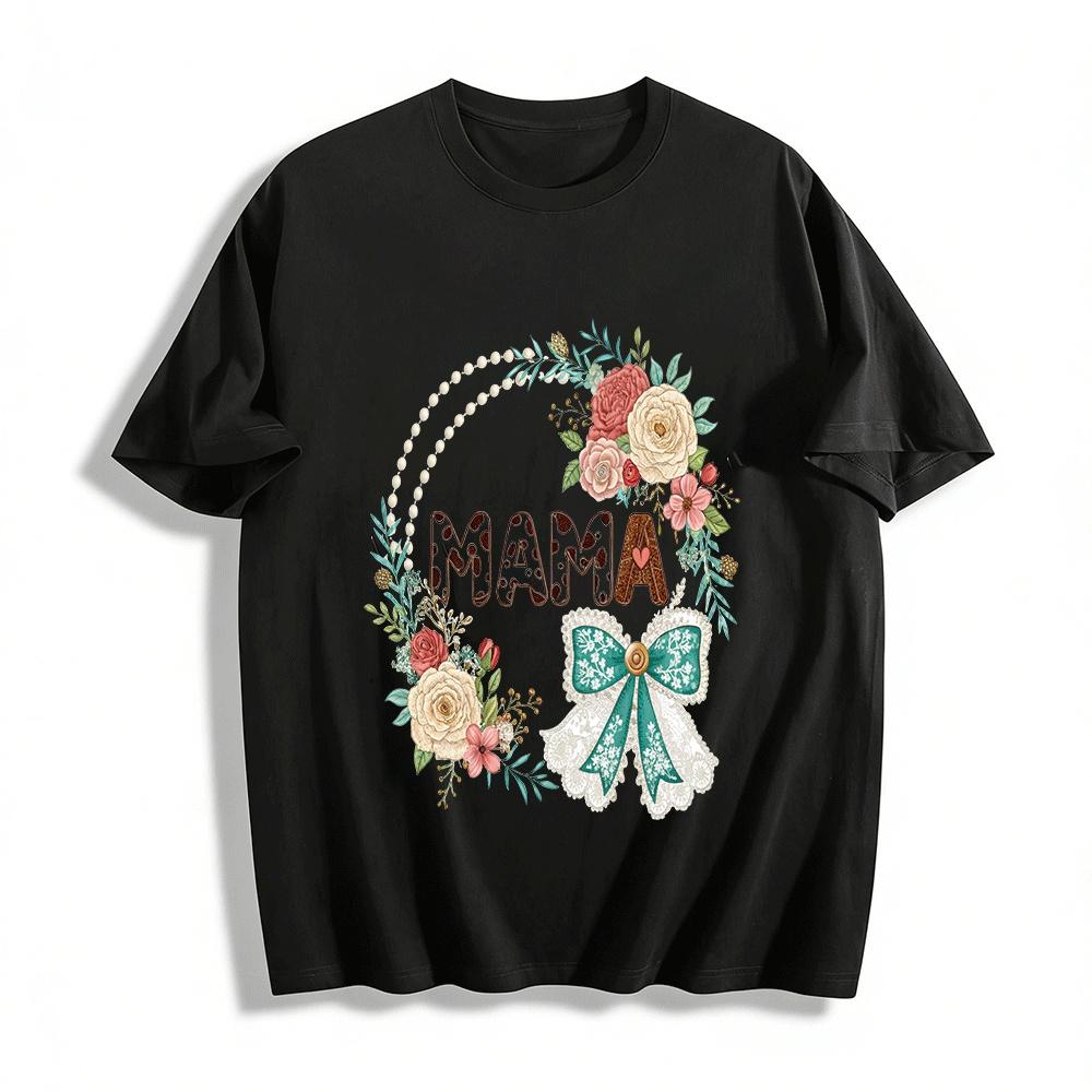 Vintage Floral Pearl MAMA Print Top Mother's Day Gift For Mom Pure Cotton T-shirt