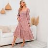 Women Dress Long Sleeves Flower Print A-line Square Neck Midi Dress Elastic Bust