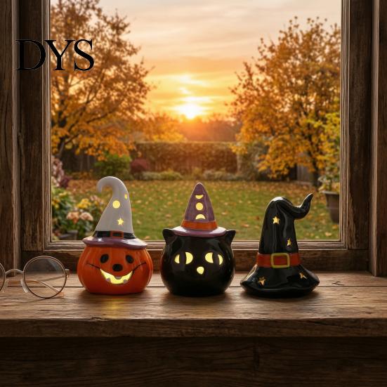 Keramik Geist Kürbis Licht Halloween Teelichthalter, Beleuchtete Figur mit Innen Party Atmosphäre Lampe Hexenhut, Mehrstufige Ablage Tischdekoration