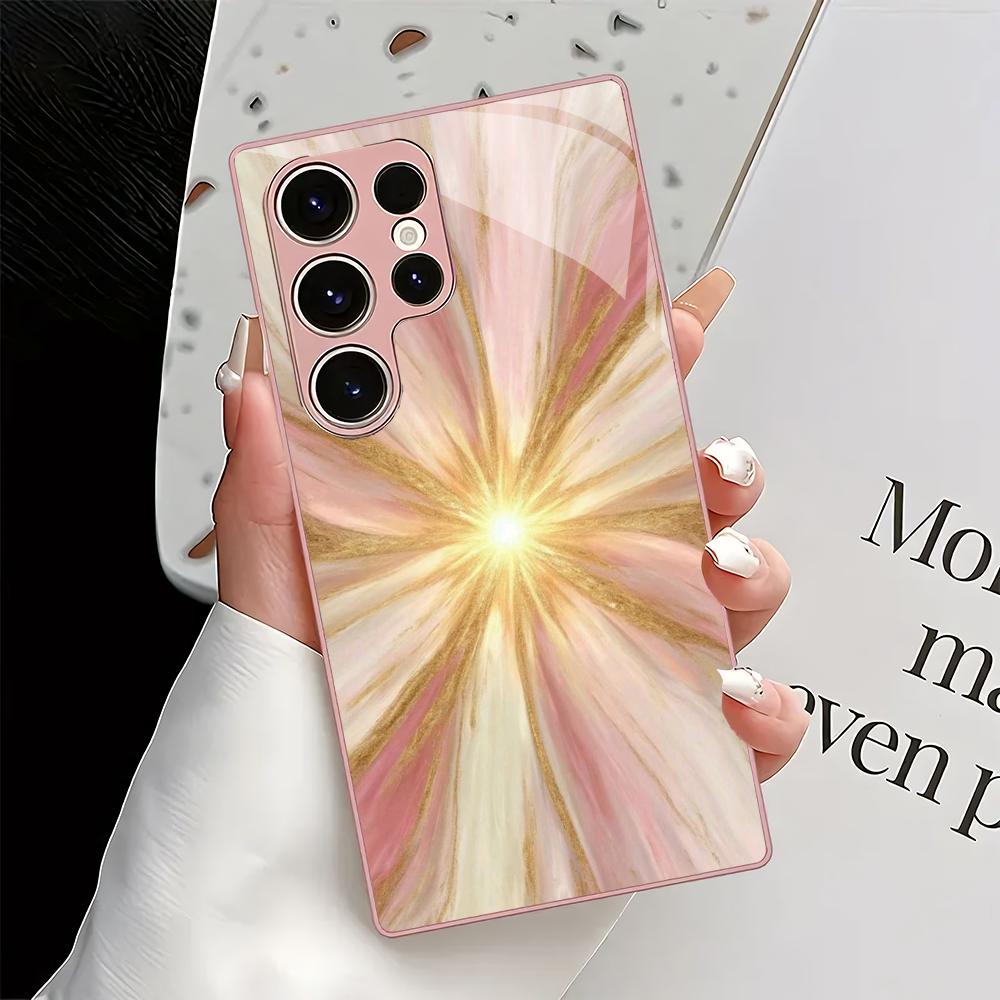 Pink Line Metallic Paint Glass Phone Case Suitable for Samsung Galaxy S26 S25 S24 S23 S22 S21 S20 FE/Ultra/Plus Anti Drop