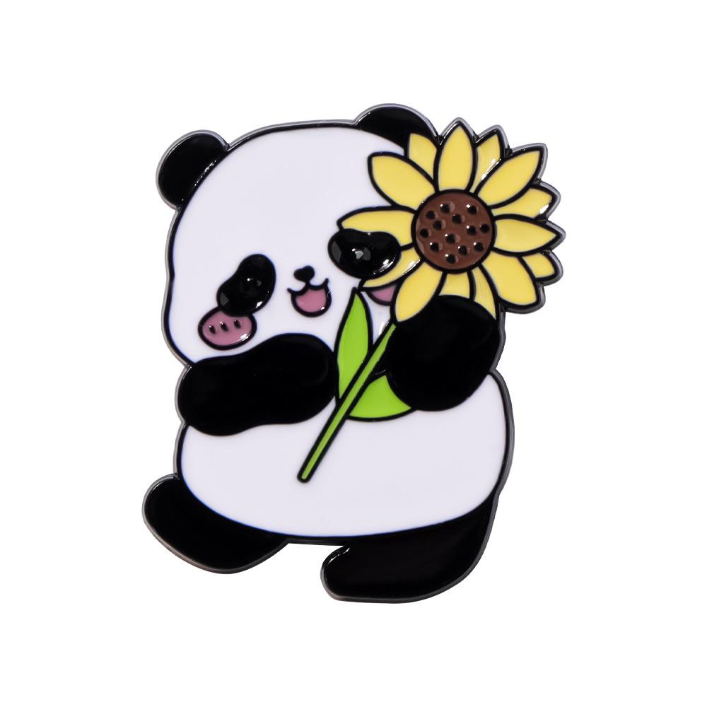 Creative Cute Panda and Sunflower Alloy Brooch - Fashionable Animal Badge Accessory