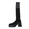 Frühling und Herbst neue Strick-Kniestiefel in Übergröße, dünne Stiefel, dicksohlige Stiefel mit dickem Absatz, farblich passende elastische Sockenstiefel