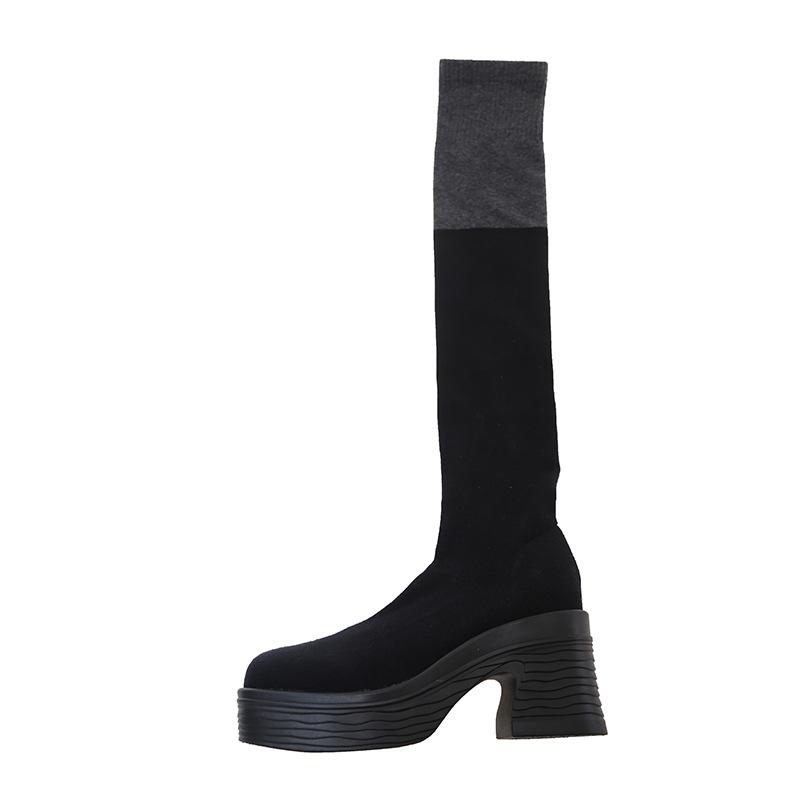 Frühling und Herbst neue Strick-Kniestiefel in Übergröße, dünne Stiefel, dicksohlige Stiefel mit dickem Absatz, farblich passende elastische Sockenstiefel