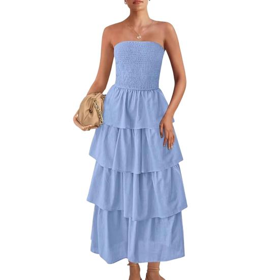 Lady Strapless Dress Off Shoulder Backless Sleeveless Beach Dress Layered Ruffle Scattered Hem