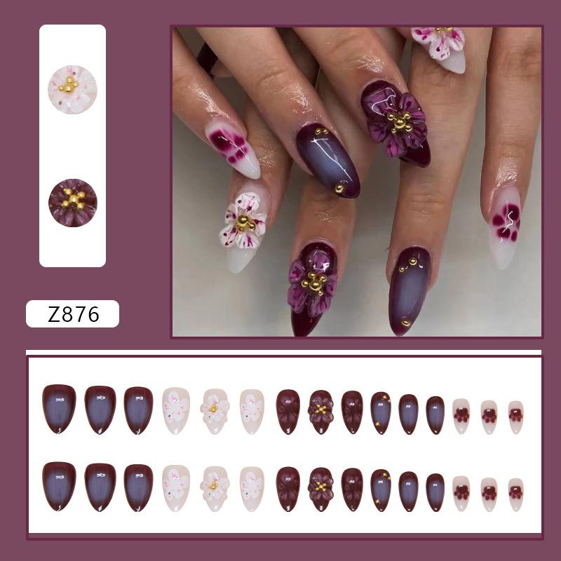 Nail Patch Three-dimensional Peach Blossom False Nail Cat Claw Smudge Removable Nail Wearing Nail  Patch 30 pieces