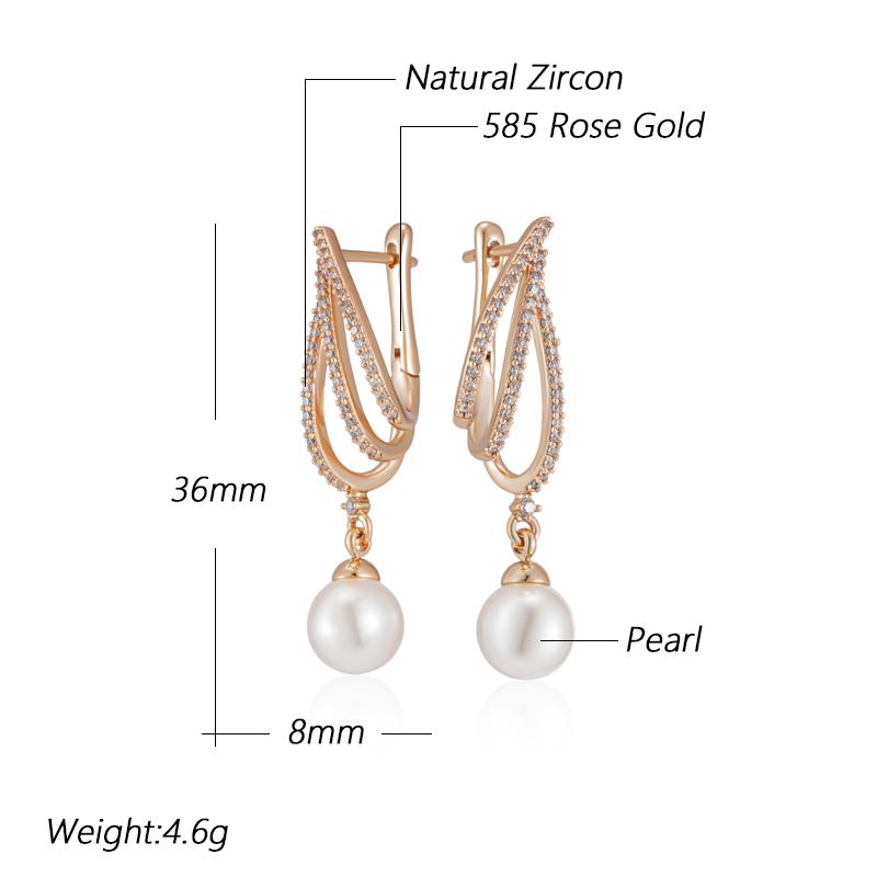 Unique Geometric Rose Gold Pearl Long Drop Earrings For Women Shiny Natural Zircon Accessories Bridal Wedding Jewelry