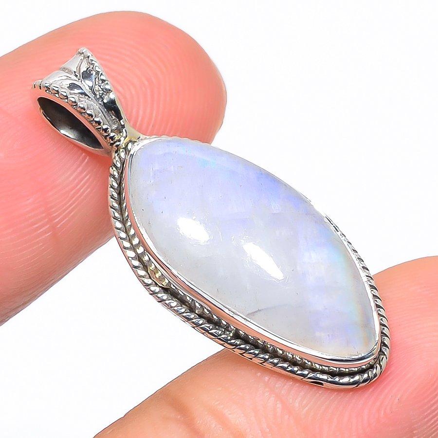 Natürlicher Regenbogen-Mondstein Edelstein 925 Massiv Sterling Silber Anhänger 1.34" O7g73