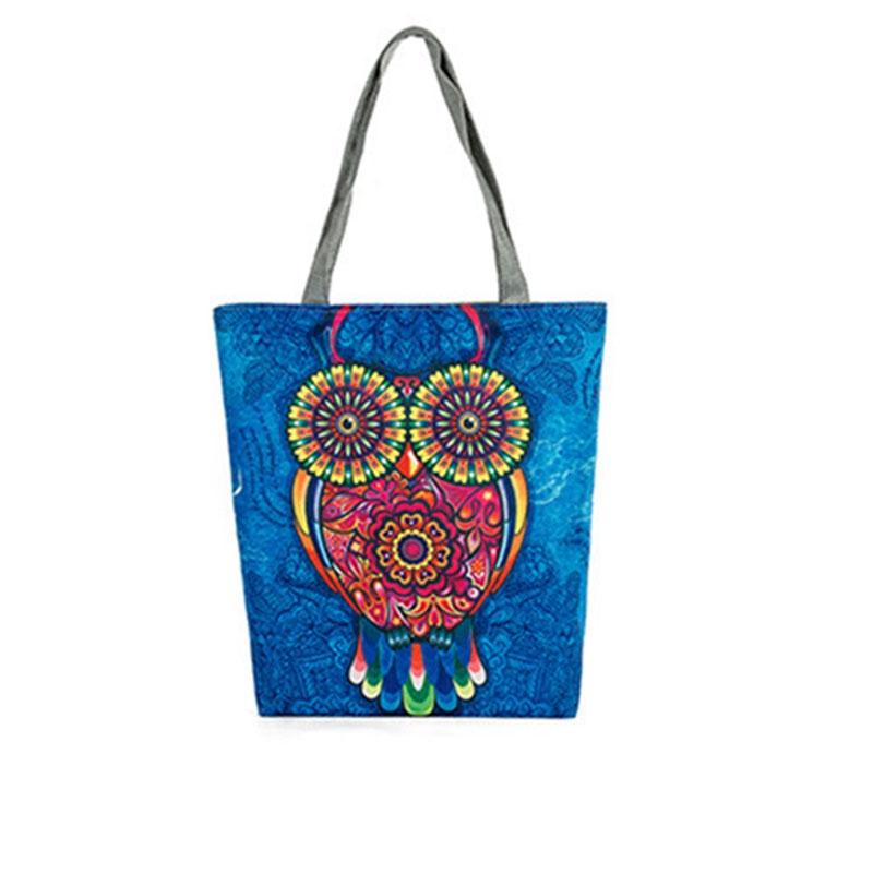 Stylish Women's Canvas Tote Shoulder Handbag Featuring Owl Design For Travel And Shopping