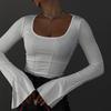 Street Fashion Slim Fit Square Collar Pullover T-shirt Women Top Flare Long Sleeve White T-shirts for Women Spring Elegant Solid Ladies Tee 26472