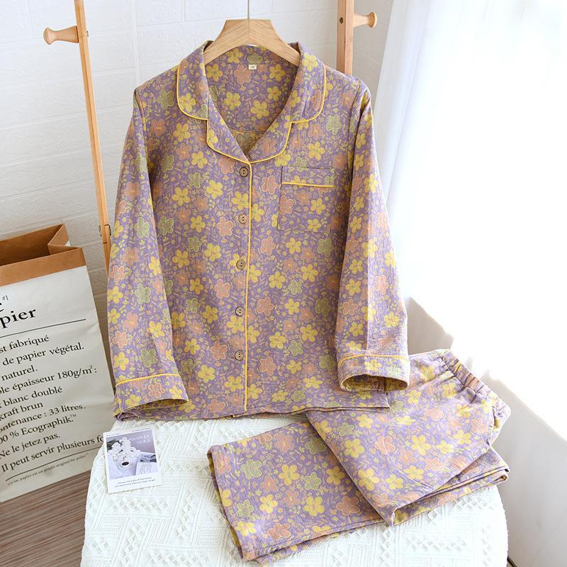 Spring Autumn Ladies Women Pajamas Set Vintage Leaves Printed Cotton Turn-down Collar Long-sleeve Trousers