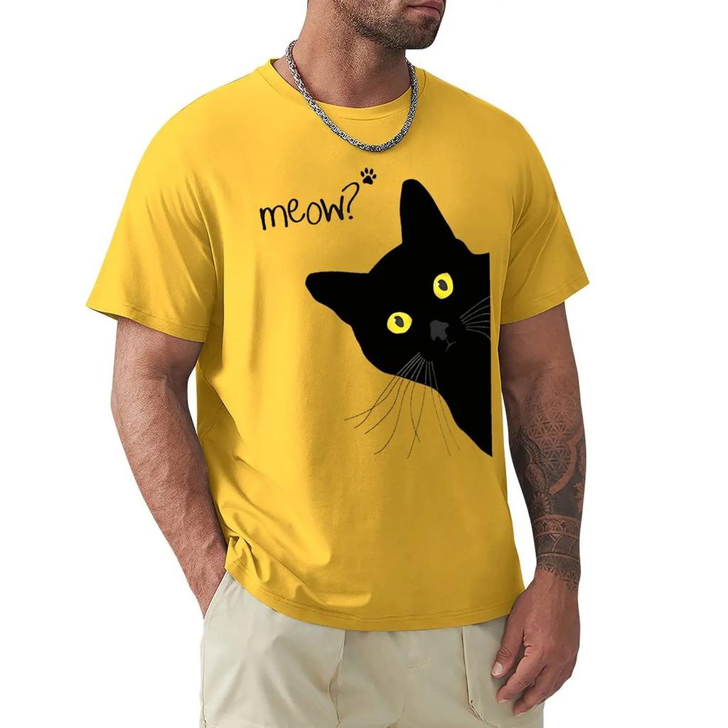 Meow Black Cat Funny Printing Men T-Shirts Breathable Tee Clothes Summer Streetwear Tops Oversized Loose Cotton Short Sleeve