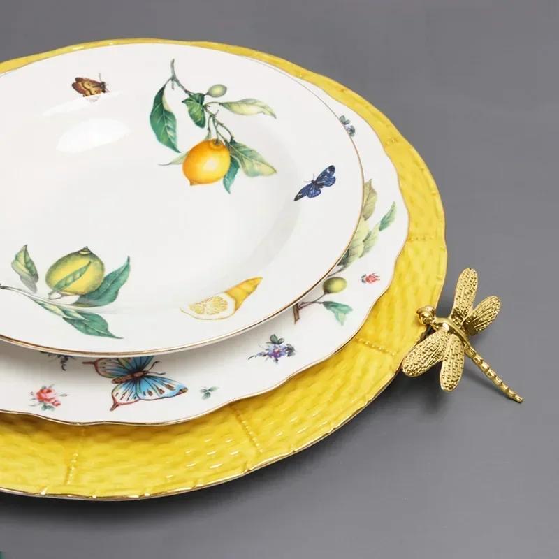 European Lemon Pattern Ceramic Dinner Steak Plate Bowl Kitchen Cutlery Fruit Bowl Sugar Bowl Dishes Complete