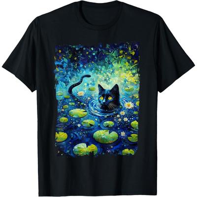 Schwarze Katze Monets Katze Seerose T-Shirt(1)