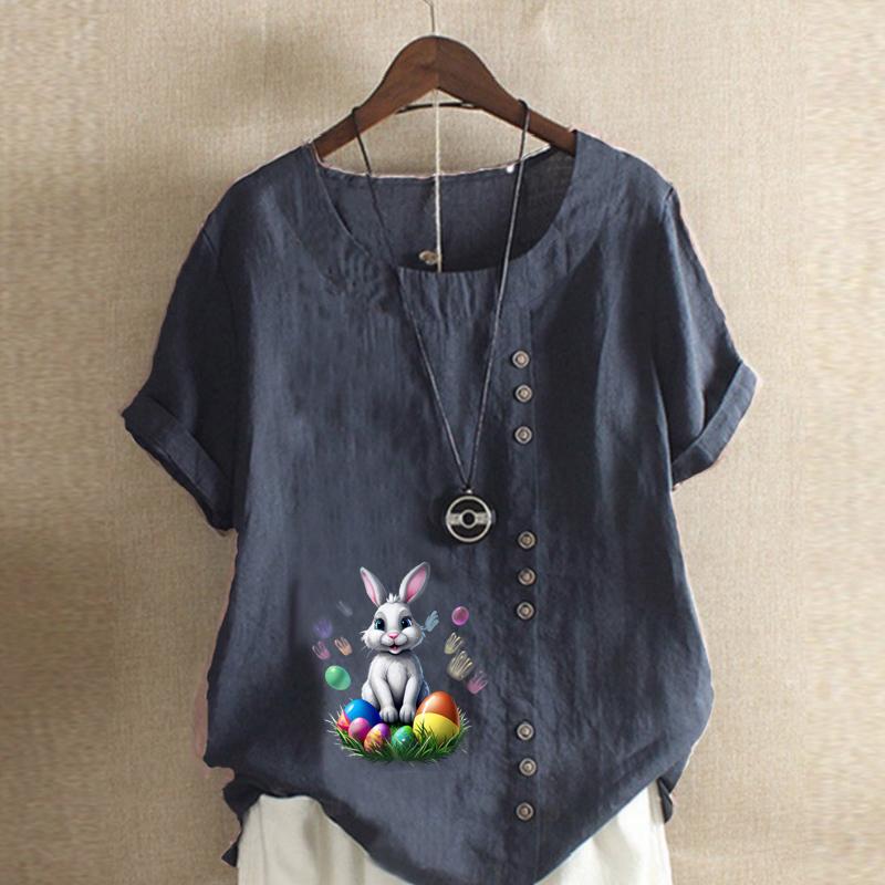 Women's Fashion Rabbit Prined Round Neck Short Sleeve T-shirt Casual Cotton Linen Graphic Shirt Leisure Loose Summer Blouse Tops
