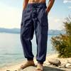 Men's Summer Straight Leg Linen Casual Pants Multi Pocket Cargo Trousers Loose Breathable Beach Pants Vacation Wide Leg Pants