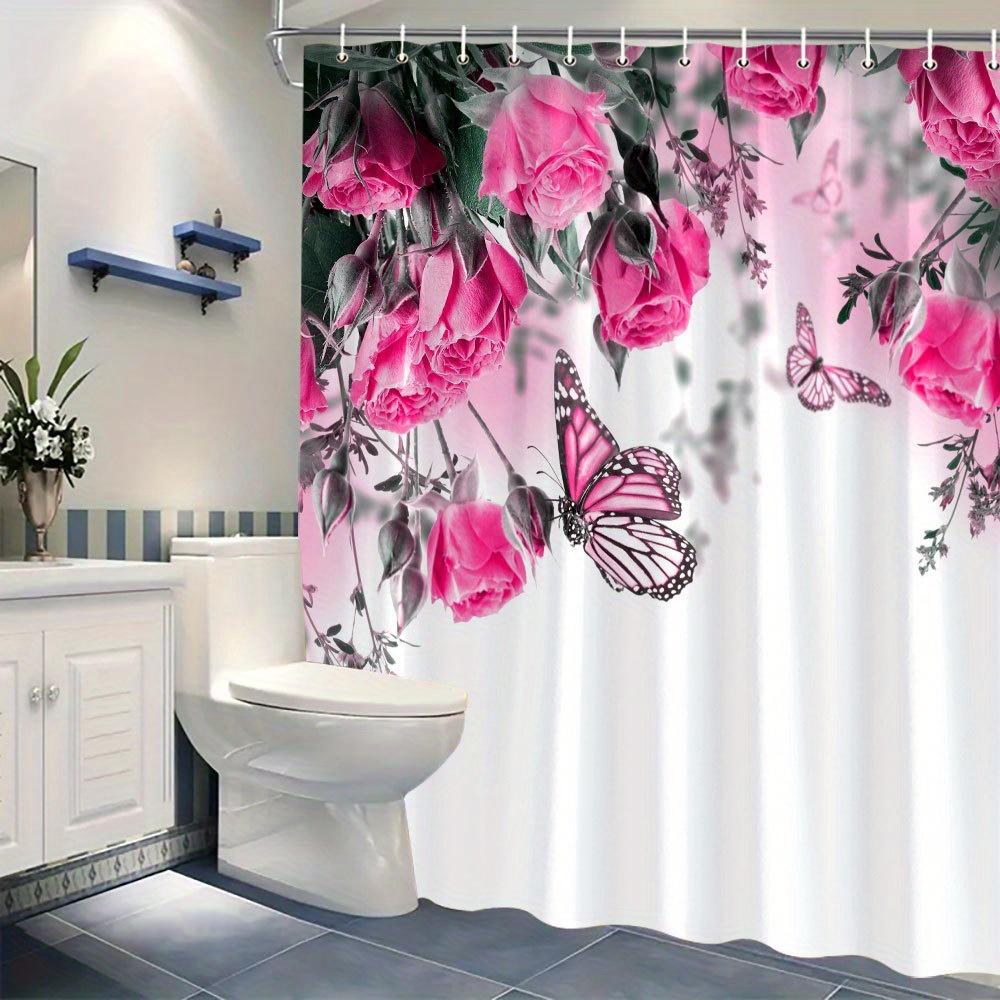 1 Elegant Pink Rose And Butterfly Shower Curtain, Soft Gradient Background, Polyester Fabric, With Hooks, Machine Washable