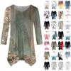 Women's Fashion Casual V-neck Floral Print Seven-point Sleeve Shirt Belted Loose Comfortable Top