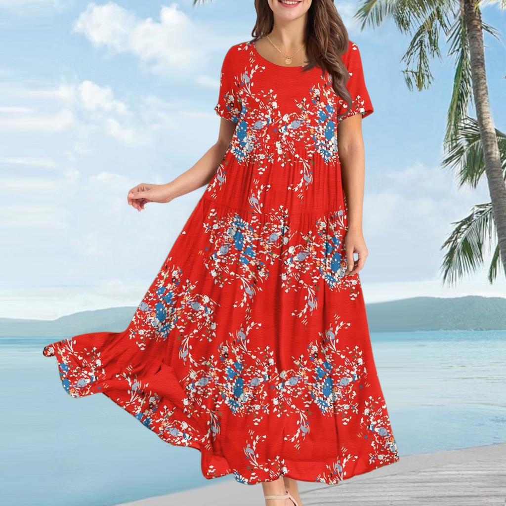 Women Casual Loose Bohemian Floral Dress Short Sleeve Long Maxi Summer Beach Swing Dress