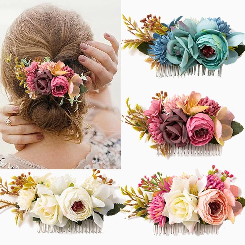 Bohemia Brides Wedding Flower Hair Comb Hairpin Bridesmaid Headdress Hair Combs Hair Accessories For Women Girls Floral Hairpins