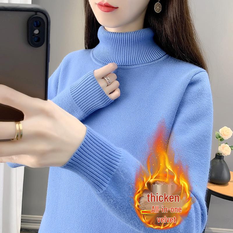 2025 Women's Plus Velvet Knit Sweater: Warm Half-High Collar Base Layer for Autumn/Winter