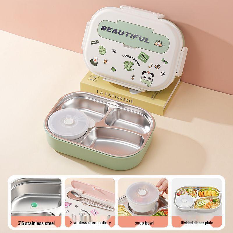 Children's Cartoon DIY Flip-Top 316 Stainless Steel Microwaveable Bento Lunch Box with Food Separation.