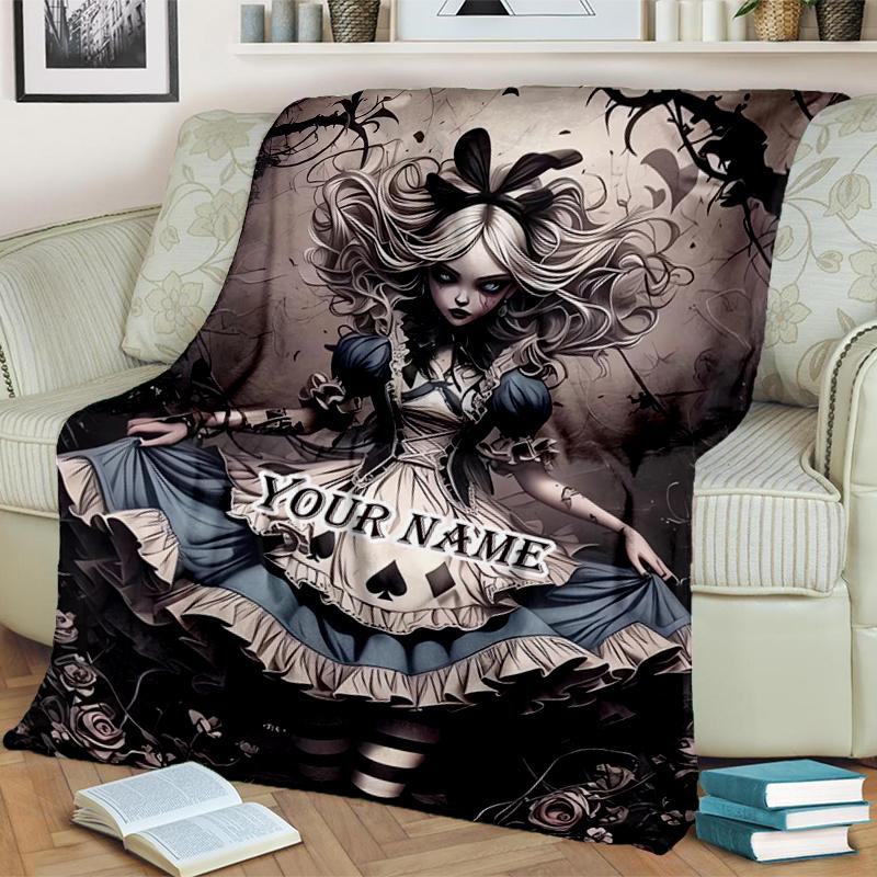 1PC Custom Name Alice Wonderland flannel blanket versatile, all-season throw suitable for the living room, bedroom, camping, travel, and gift