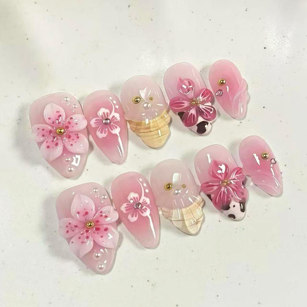 Reusable Handmade Summer 3D Nails Wearable Manicure Waterproof Jelly Gel Fake Nails Full Cover Easy To Wear 3D Flower Gel Nails