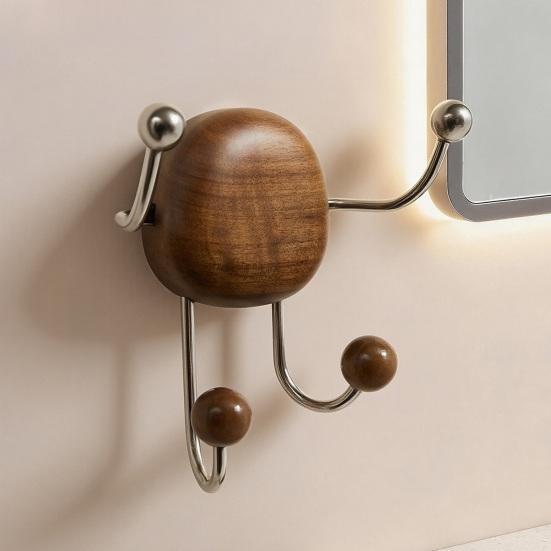 Rustic Suction Cup Hook 4 Hooks Wall Mounted Organizer Hanger Wooden Hanger with Stainless Steel Hooks for Home Entryway Bedroom