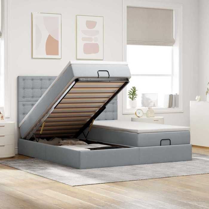 Exclusive House - Ottoman Bed Frame and Light Grey Mattress 160x200cm Fabric