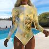Women Long Sleeve One Piece Swimsuit Zip Front Flower Smudging Print Rash Guard Surfing Bathing Suit