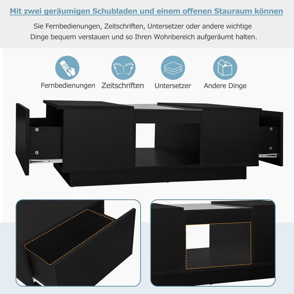 Coffee Table Flieks 100x50x35.5 Cm – with Glass Cladding, LED Lighting, App Control, 2 Drawers and 1 Open Compartment