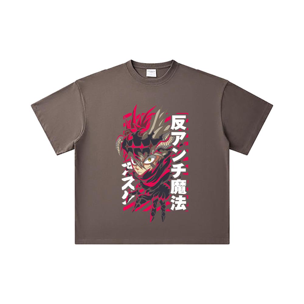 260 GSM Double Yarn 32 Count 100% Cotton Black Clover V5 Asta Demon Print Unisex Heavy Cotton T Shirt