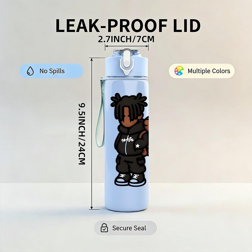 1PC Black Boy Street Hip Hop Character Print 750ml Color Plastic Sports Water Bottle Leakproof Flip Straw Lid Suitable for Sports Office Home Use