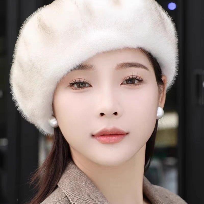 Winter Fashion Faux Mink Fur Beret Hat for Women - Warm Artistic Retro Painter Cap with Buckle Closure, Hand Knit, Non-Stretch, Festive Occasion