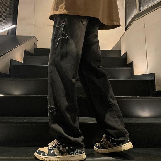 Men Mid-rise Zipper Fly Jeans Oversize Star Aesthetic Pattern Trousers Straight Wide Leg Denim Pants Loose Fit High Street Jeans