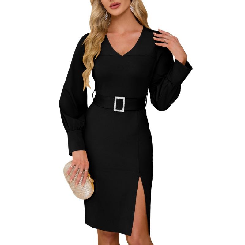 Vestito sottile professionale autunno/inverno scollo a V manica lunga cintura avvolgente fianchi maglia vestito da donna