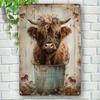 Vintage Highland Cow Floral Metal Sign Rustic Wall Art For Home Garden Outdoor Decor