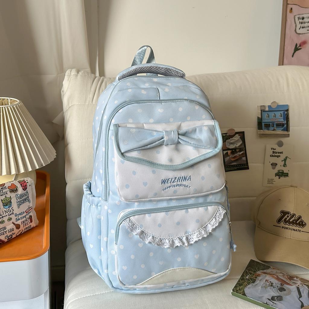 Schulranzen Frühling neu süßer Schulranzen hoher Wert Mittelschule Mädchen Mädchenherz Polka Dot Schleife vielseitiger Rucksack