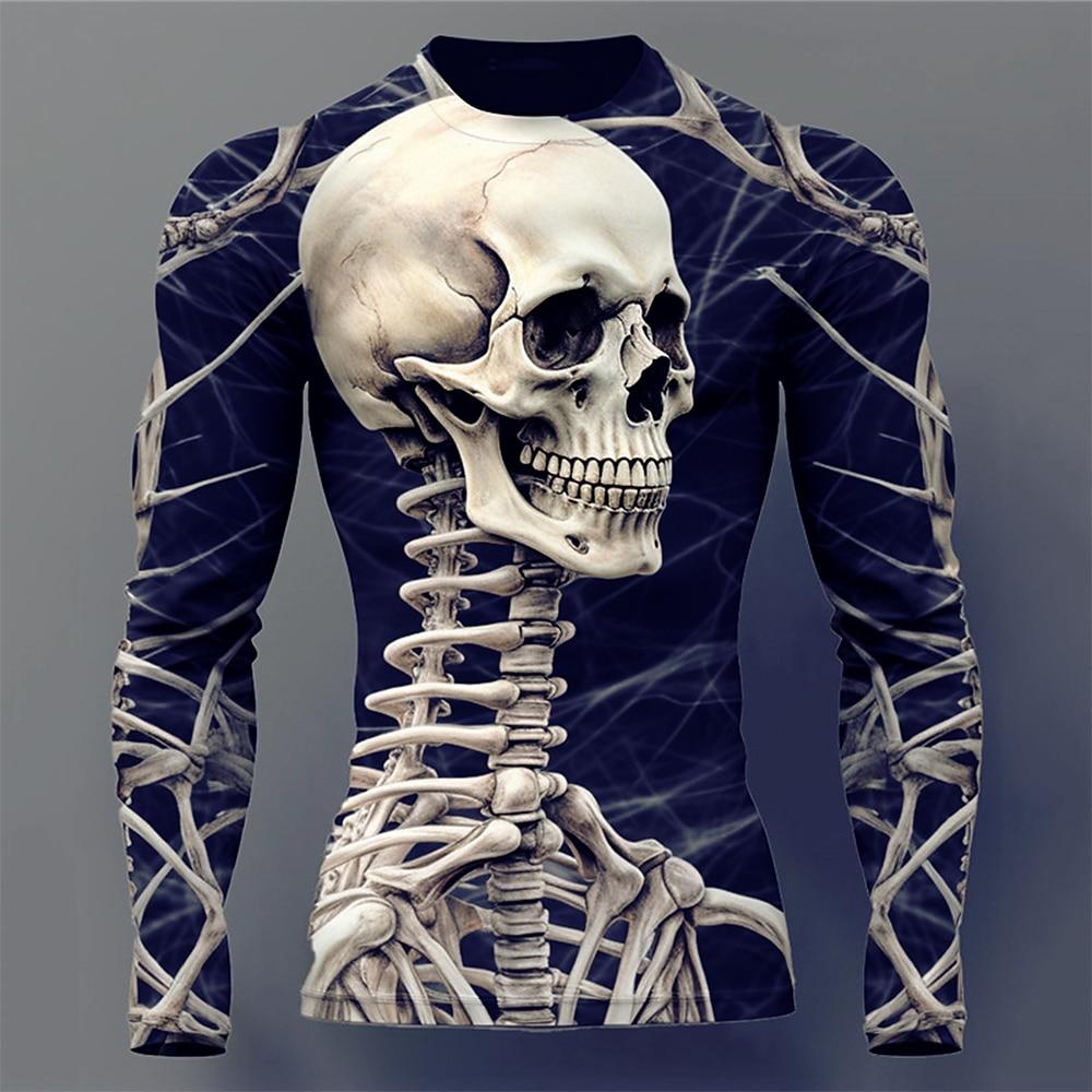 Mode Menschliche Knochen Muster Herren Langarm T-Shirt Lässig O-Ausschnitt Baumwolle Lockere Oberteile Lustiger 3D Totenkopf Druck T-Shirts Herbstkleidung