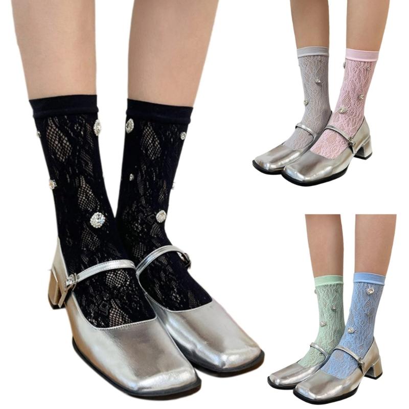 Women's Crew Socks Sweet Crystal Ankle Socks Cute Princesses Ankle Dress Socks Sheer Lace Socks Summer Calf Socks Gift