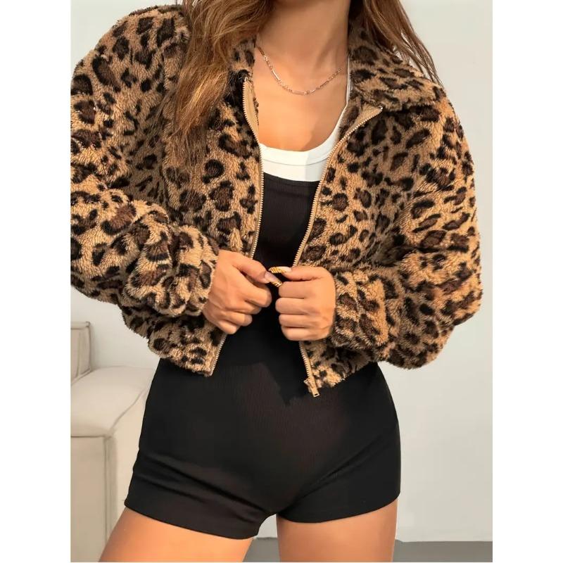 Dámská Elegantní Ležérní Krátká Mikina na Zip s Kapucí Bunda Leopardí Vzor