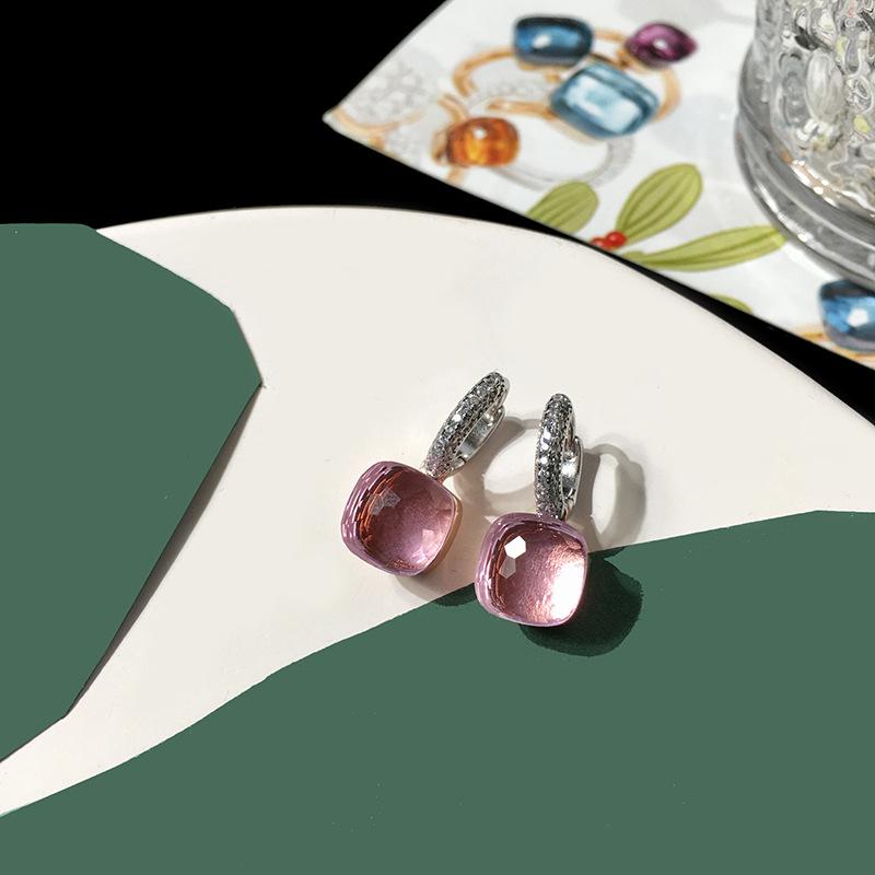 Silver Earrings Temperament Diamond Candy Color Square Stone Crystal Stud Earrings