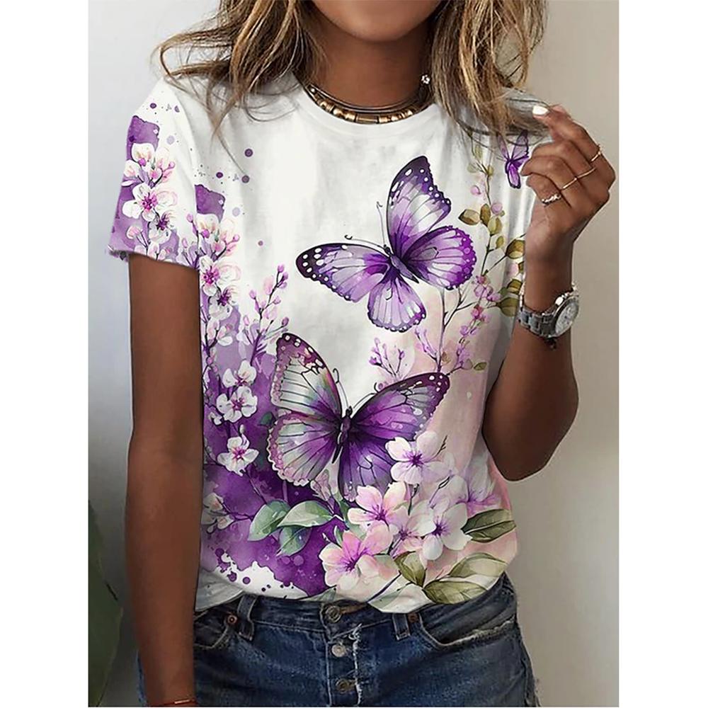 2024 neue Oansatz 3d Schmetterling Print T Shirt frauen T-shirt Sommer Mode Kurzarm Tops Übergroßen Sommer Top Weibliche Kleidung