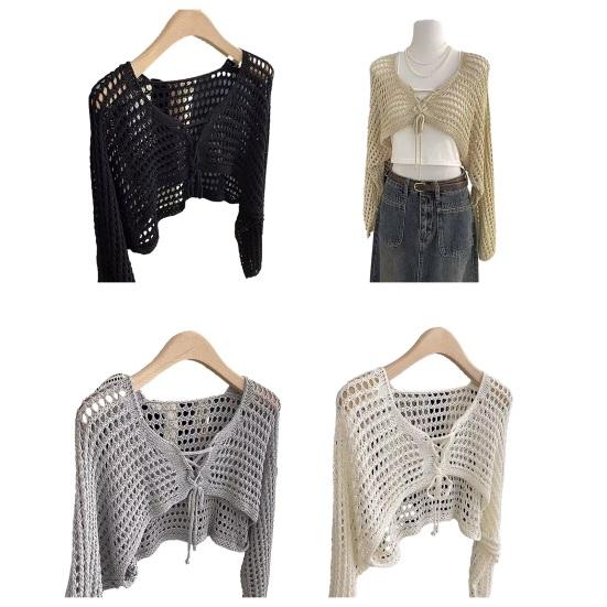 Women Tops Loose Fit Casual Knitted Blouse Solid Color Hollow Design Lace-up Summer Sun Protection Short Blouse