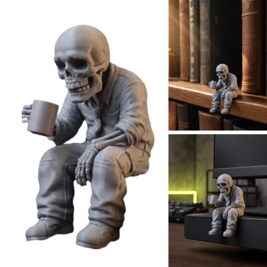3D Printed Sitting Skeleton Statue with Coffee Cup, Drinking Coffee Skull Figurine, Compact Desktop Decoration for Office Study Room Ornaments