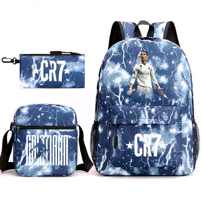 Football Star Teenager Student Schoolbag Ronaldo Pattern Three-Piece Backpack