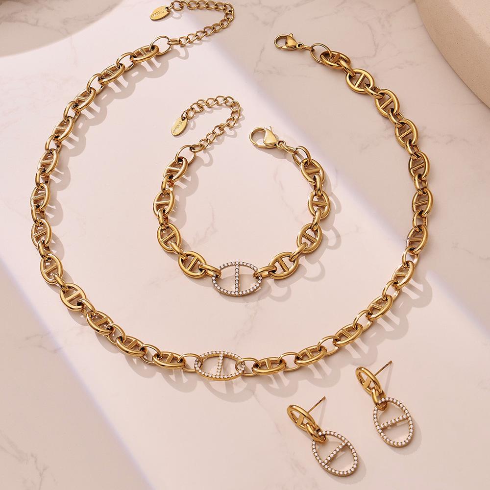 European & American Cold Style Pig Nose Zircon Inlaid Jewelry Set: Necklace, Bracelet, Earrings, 18K Gold-Plated Stainless Steel