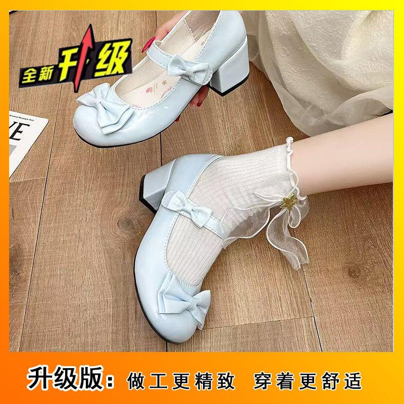 Cute girl sweet round head small leather shoes middle heel autumn and summer new original Lolita Lolita bow